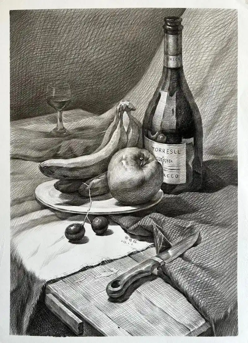 素描酒瓶香蕉组合素描静物祝愿自己新的一年越画越好