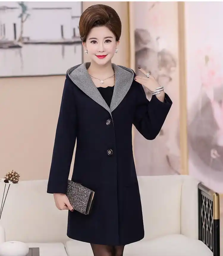 中老年秋装女外套新款中年女装中长款连帽风衣4050岁妈妈装冬装