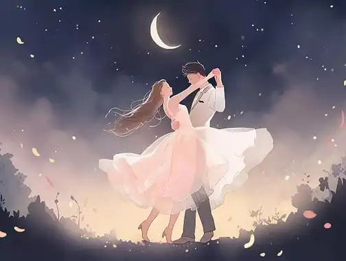 情侣夜晚月色下拥抱在一起跳舞唯美浪漫情人节爱情双人手绘插画氛围感