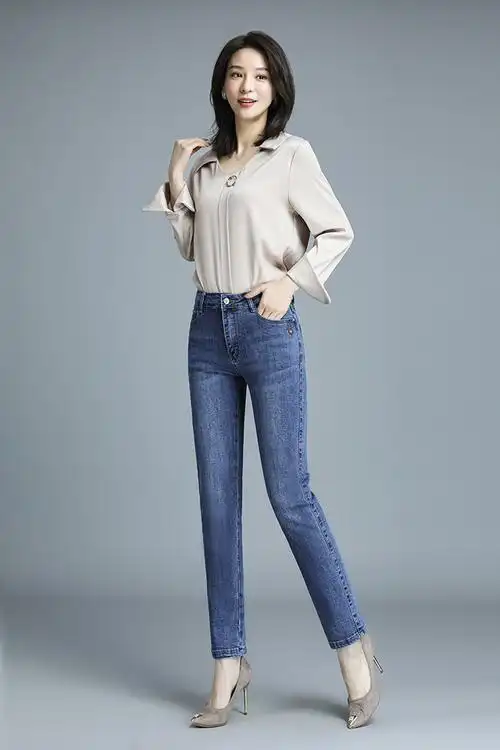 中老年女款直简高腰牛仔裤2022中年女裤中弹力大码妈妈裤浅蓝色直筒27
