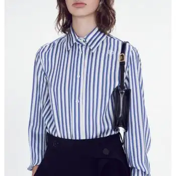 22女装新款春季宋乔慧同款蓝白条纹衬衫女设计感小众欧美高端女装蓝色