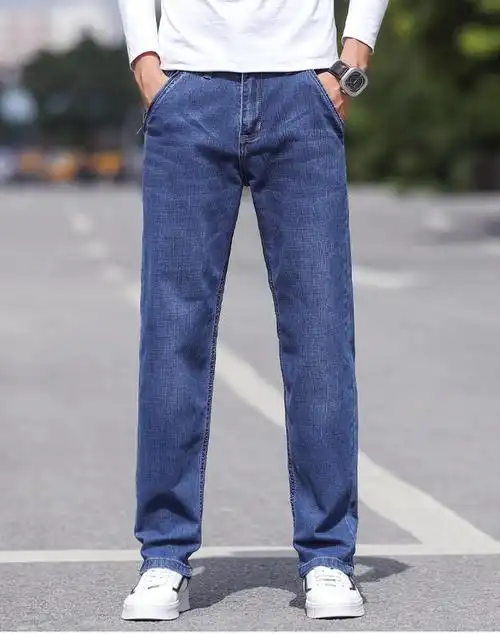 款春秋季弹力阔腿牛仔裤男宽松直筒大裤脚高端大码长裤深蓝色074h29