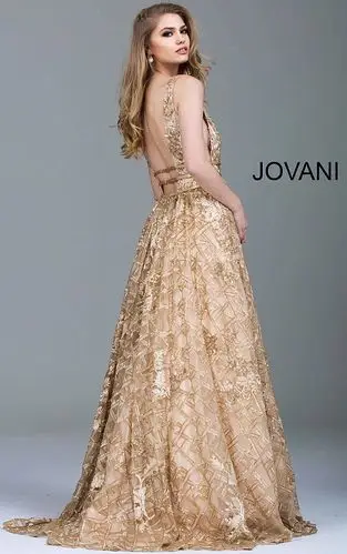 gold embellished backless evening ballgown