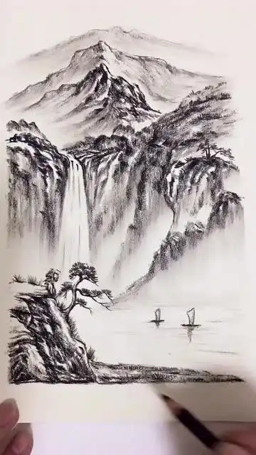 炭笔山水风景