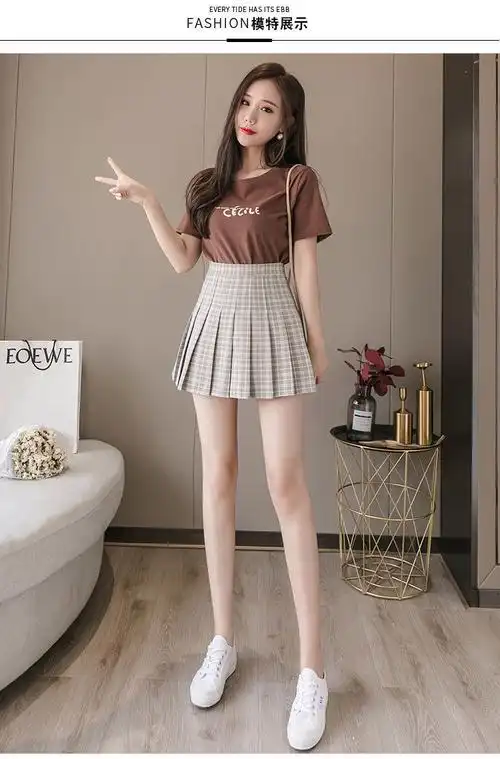 新款白色百褶裙短裙格子高腰显瘦半身裙女春夏韩版百搭防走光裙子