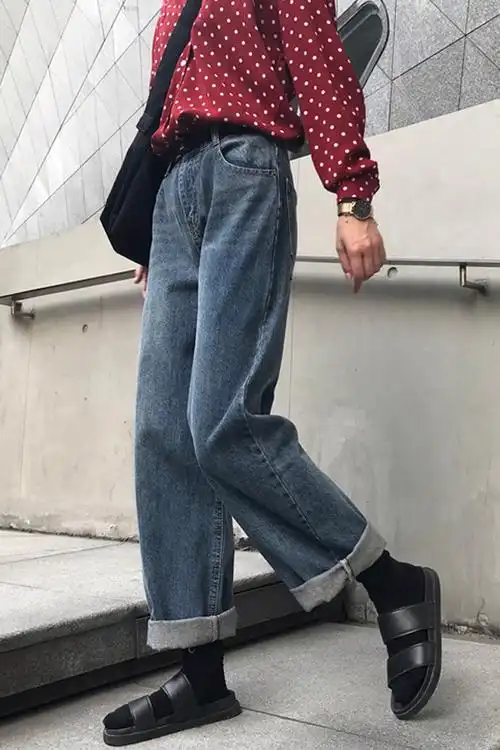 复古高腰阔腿裤女百搭宽松牛仔裤卷边直筒裤bf男友风潮流牛仔裤