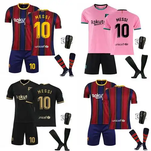 20-21巴萨球衣主客场黑金粉色10号梅西比赛队服儿童运动足球服套