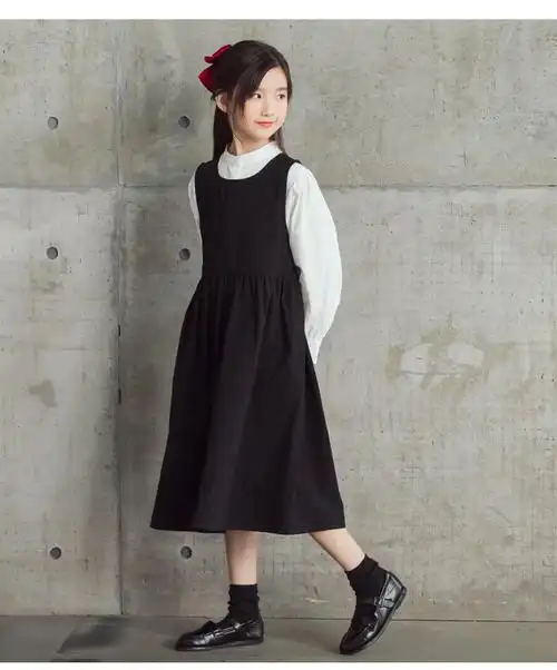 16岁文艺女孩穿的收腰公主裙中大童长袖衬衫韩版连衣裙儿童洋气黑裙子