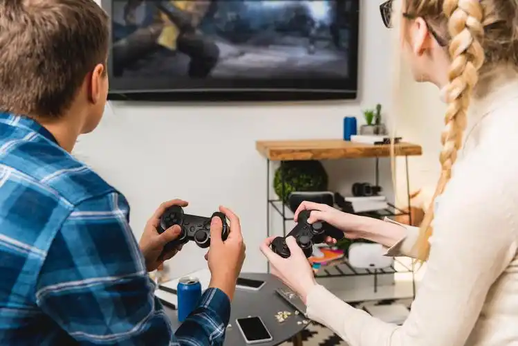 两个玩电子游戏的青少年的背影