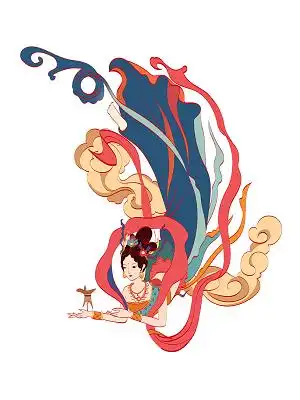 彩色手绘国潮古风中国风敦煌飞天美女人物元素png素材