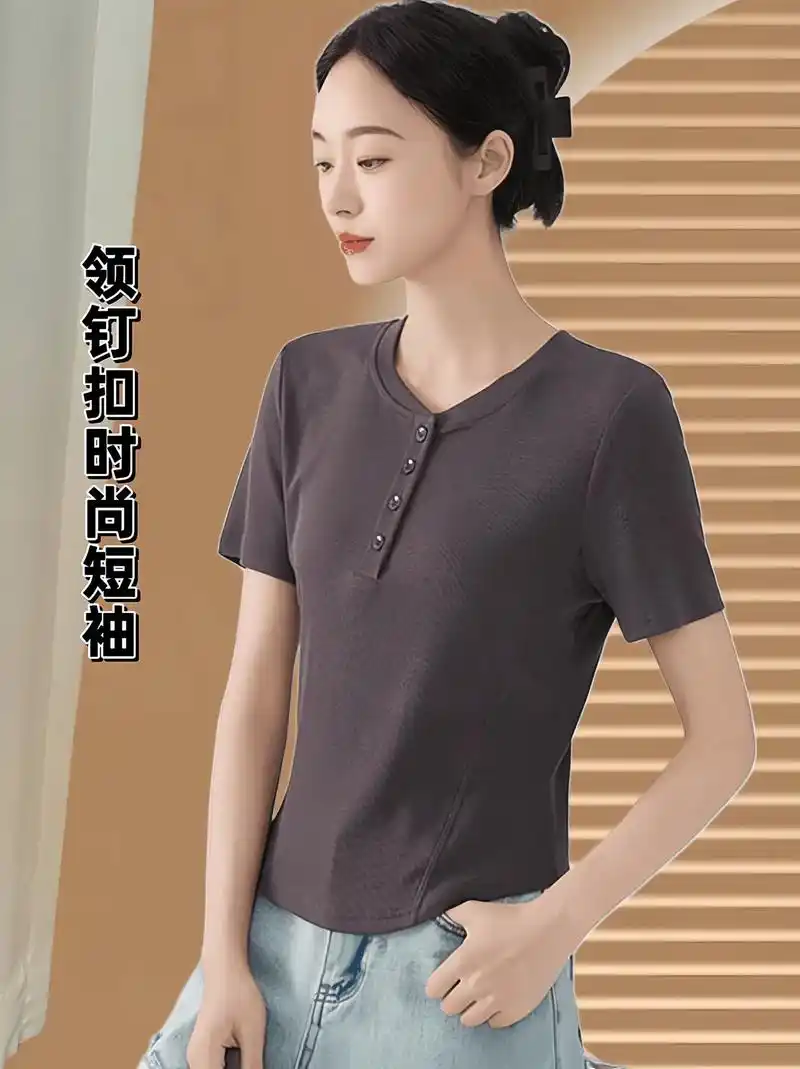 xvrv夏季新品鱼骨亨利领钉扣上衣短袖女显瘦短款t恤!