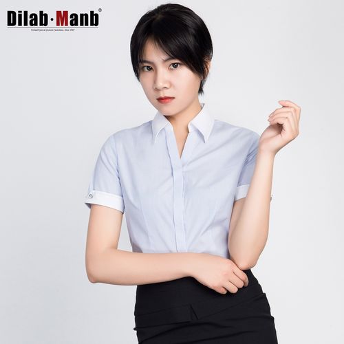 帝蒙工作服衬衫短袖职业装夏季蓝白竖条条纹ol衬衫