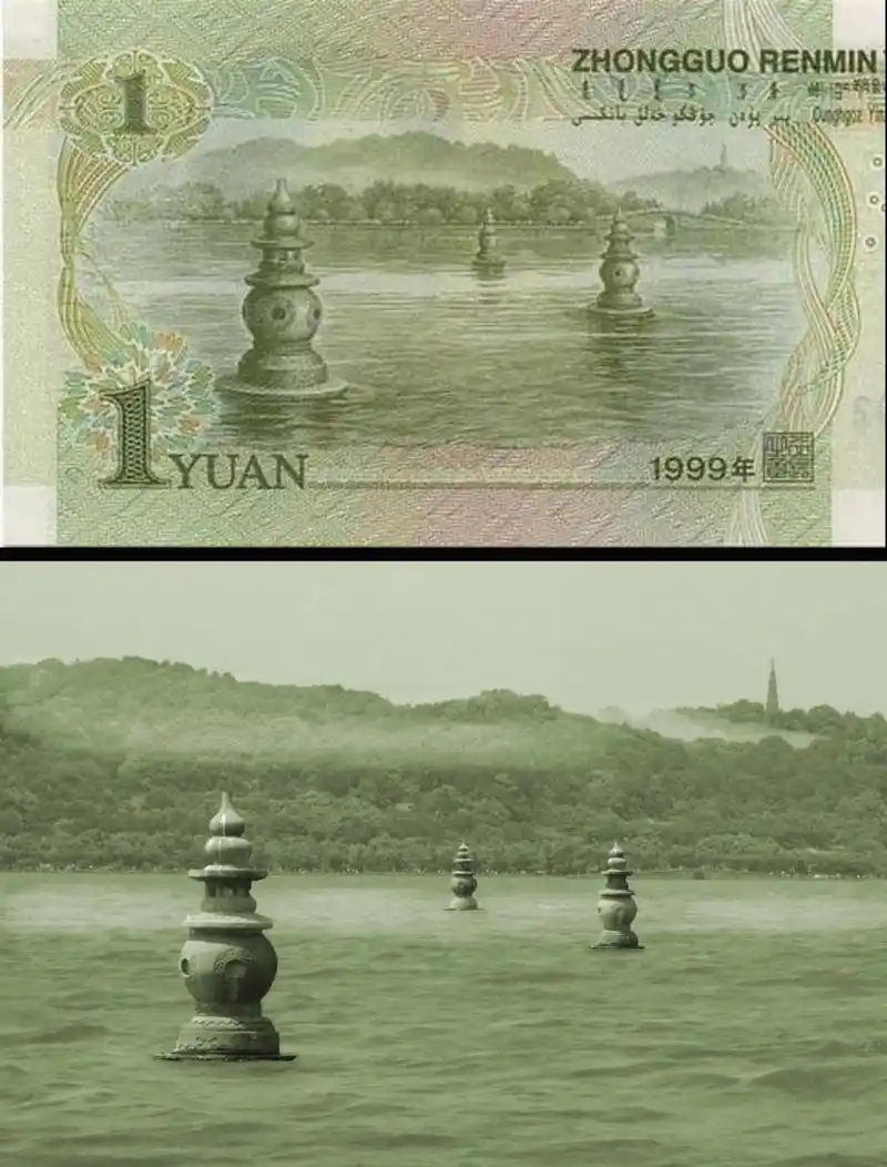 三潭印月只能拍到一元钱纸币背面风景的柱子 去西湖前,做了攻略,路上
