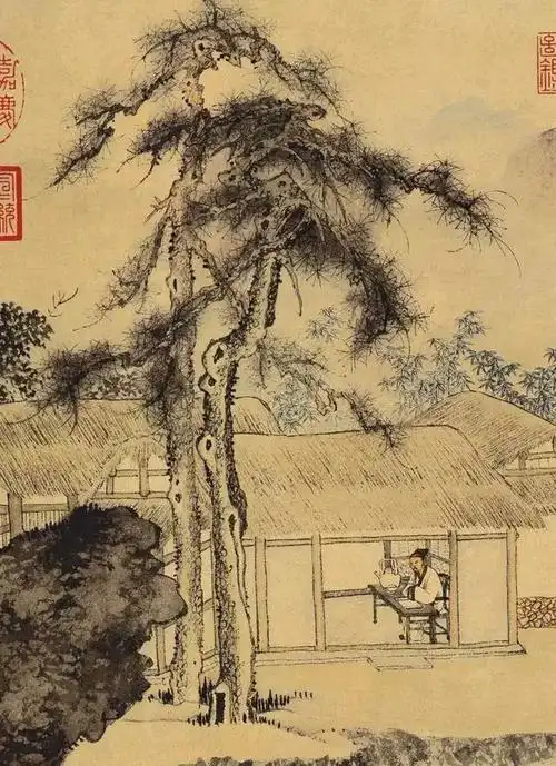 局部此画是山水人物画,描绘了文人学士悠游山水间,夏日相邀品茶的情景