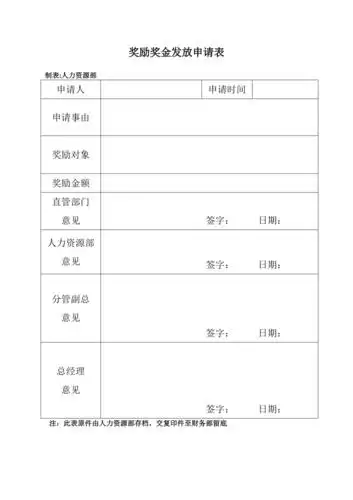 奖励奖金发放申请表