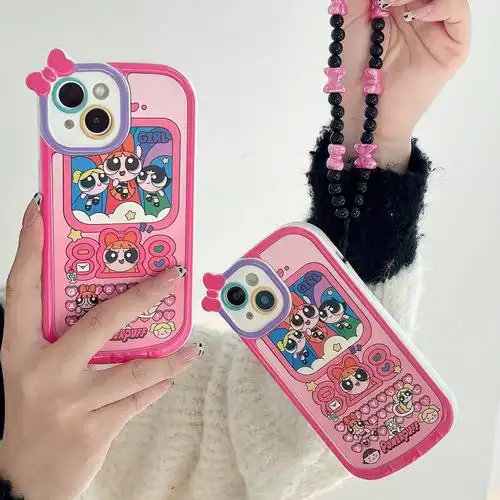 可爱粉色飞天小女警适用iphone14pro max苹果15手机壳13/12皮纹壳