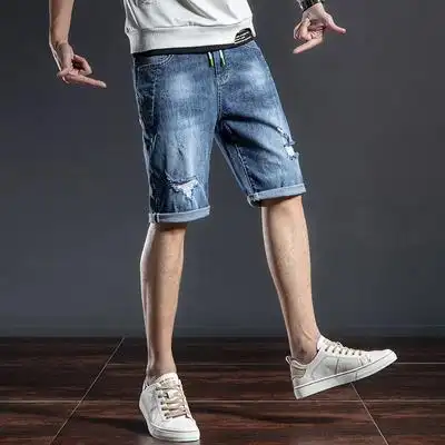 薄款牛仔短裤男直筒宽松男士休闲潮牌破洞牛仔中裤男
