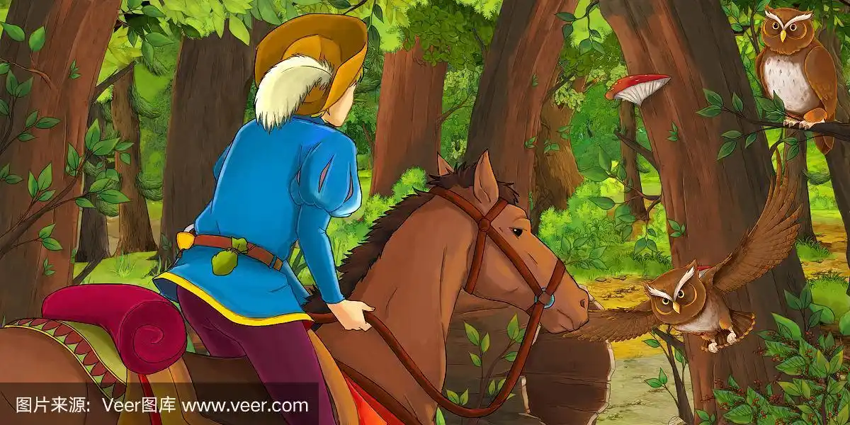 卡通场景与快乐的小男孩王子骑马在森林中遇到一对飞翔的猫头鹰