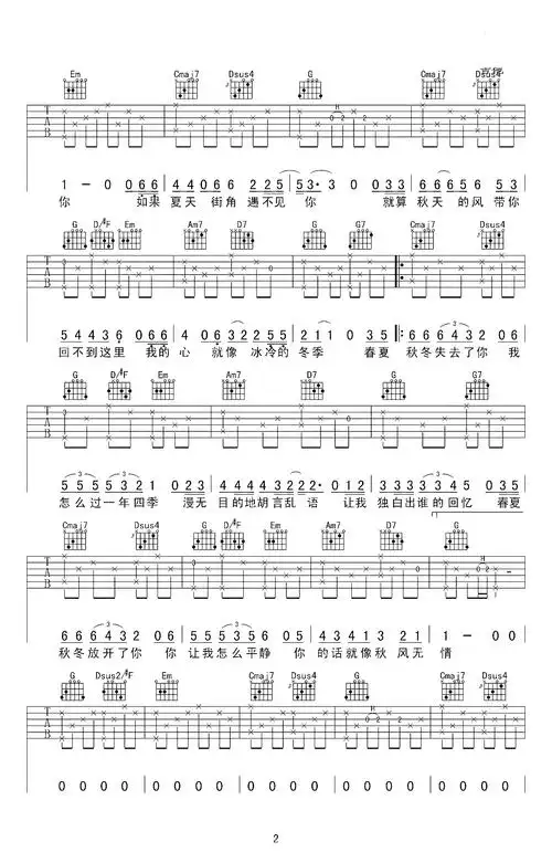 春夏秋冬的你吉他谱 王宇良 有些人有些事总是会深藏心里不曾忘却2