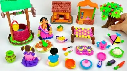 手工diy制作彩泥小屋和水井玩具