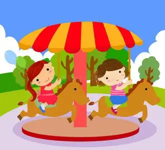 孩子们坐在旋转木马上照片