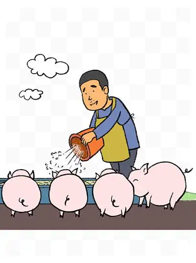 手绘卡通人物农民农村农事农活喂猪脱贫攻坚