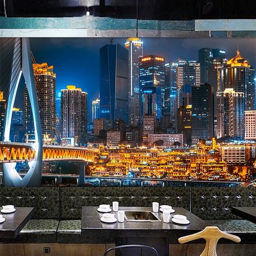 城市夜景风景壁纸3d立体现代建筑墙布酒楼饭店背景墙客厅卧室墙纸