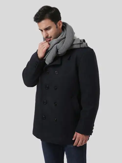 luxury lane男装双排扣海军大衣经典复古毛呢休闲促销黑色外套