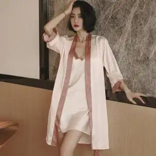 性感吊带胸垫睡裙两件套春秋2021新款 冰丝绸薄款 睡衣高级感女夏季