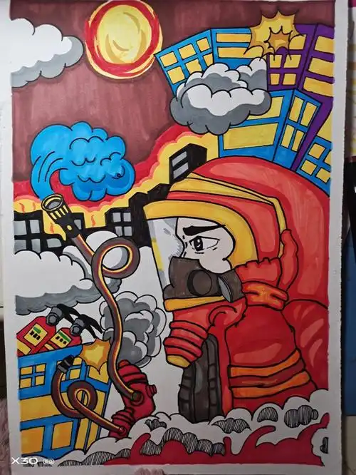 修改了下颜色,有地方涂错了#手抄报模板  #消防安全主题画  #儿童创意