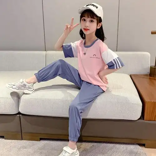 乌鹿童装女童套装2021夏天季韩版中大儿童纯棉t恤女孩子运动裤小学生
