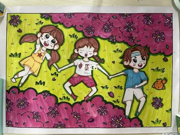 小朋友手牵着手一起去春游的简笔画