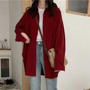 韩国风ins复古红酒红枣红暗红色宽松慵懒风长袖衬衫衬衣防晒衣女