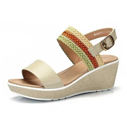 camel 骆驼牌正品 2014夏季新款露趾女凉鞋 中跟坡跟简约拼色真皮女鞋