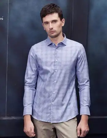 鲁泰luthai英式格纹温莎领长袖衬衫纯棉弹力男士衬衣蓝色格纹42