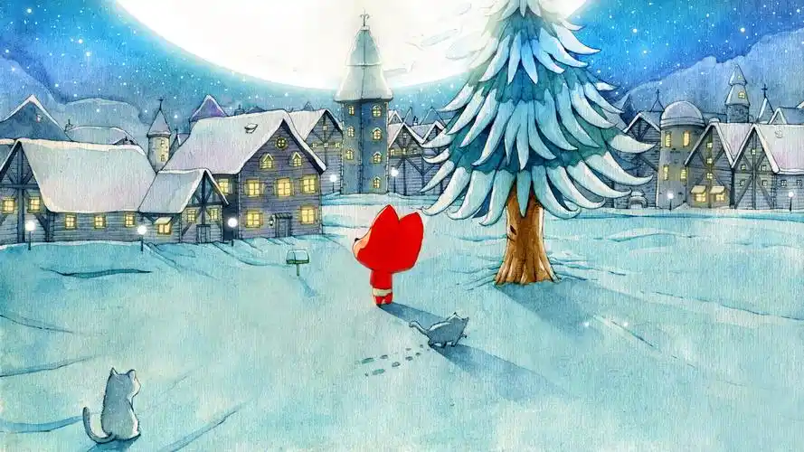 阿狸手绘风雪可爱萌仰望夜晚静谧桌面壁纸