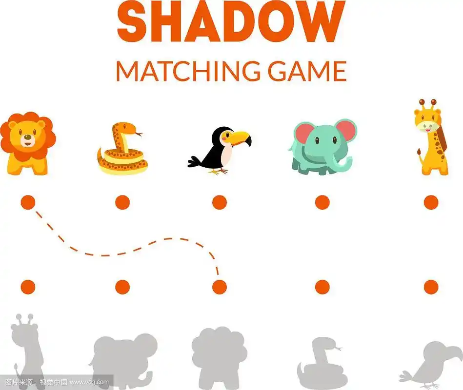 与可爱的非洲动物的影子配对游戏