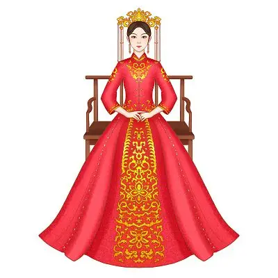 手绘古代婚礼穿红色传统结婚礼服的新娘人物素材婚礼元素古代结婚平面