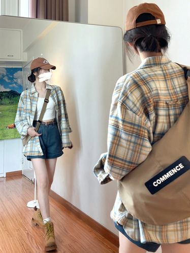 幂式穿搭复古格子衬衫外套女夏秋季衬衣法式亚麻棉麻长袖早秋上衣