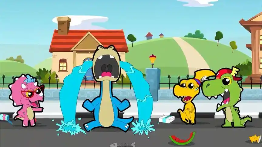 乐融龙:大家乱扔香蕉皮,蓝恐龙踩到摔倒,在那哭起来了