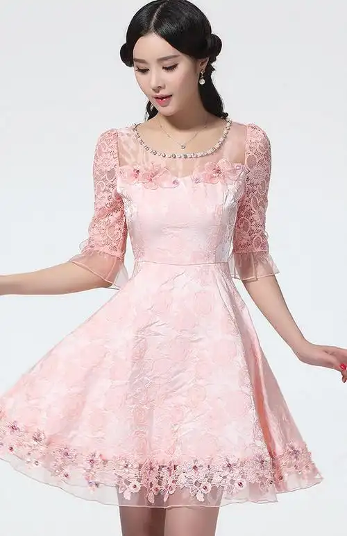 蕾丝花边网纱连衣裙玉羲2015夏季新款气质勾花镂空欧根纱淑女裙子