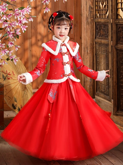 女童服装冬季红色拜年服唐装汉服裙子上衣套装长袖国潮中国风