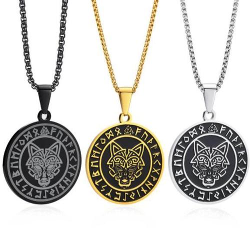 时尚气质钛钢圆形狼王头像吊坠男人霸气个性金银黑三兄弟项链刻字