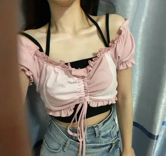 粉色一字肩77吊带纯欲感满满