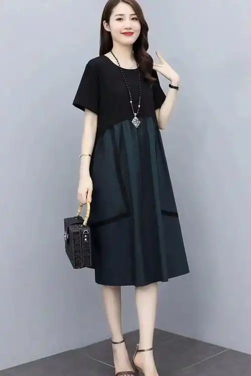 大码女装胖mm撞色连衣裙2021夏季中长款洋气休闲宽松显瘦遮肚裙子