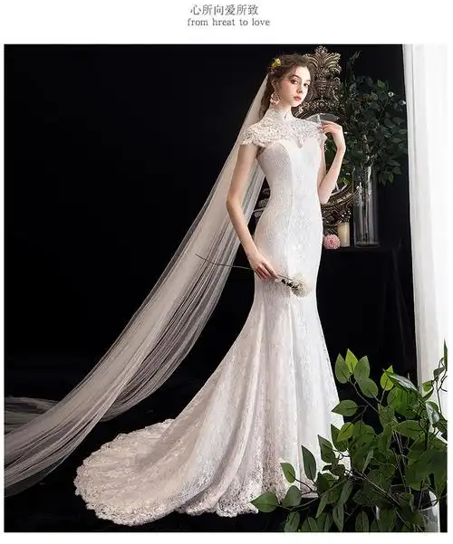 鱼尾婚纱2022新款新娘法式小拖尾婚纱修身显瘦森系超仙小个子冬季