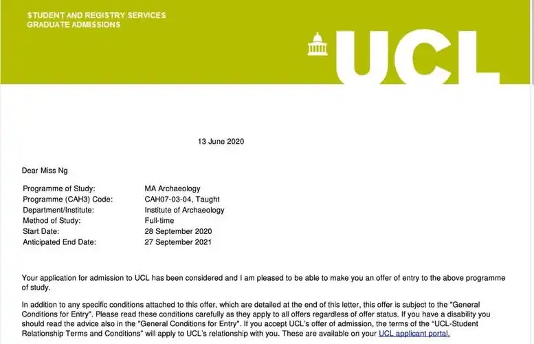 伦敦大学学院offer