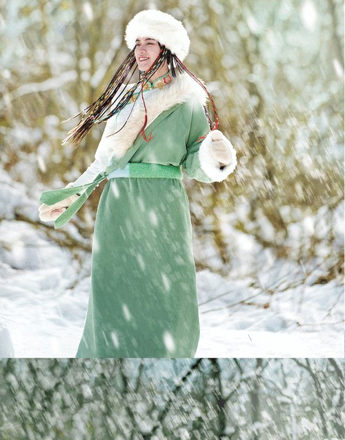 藏族服装女全套藏袍写真绿色毛领西藏民族风服饰春季藏裙长袍 绿色