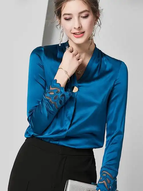 624070欧美高端轻奢新款重磅真丝衬衫镂空长袖v领桑蚕丝上衣女