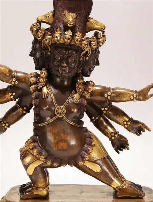 and six arm buddha statue from qing清代铜鎏金三头六臂大黑天造像